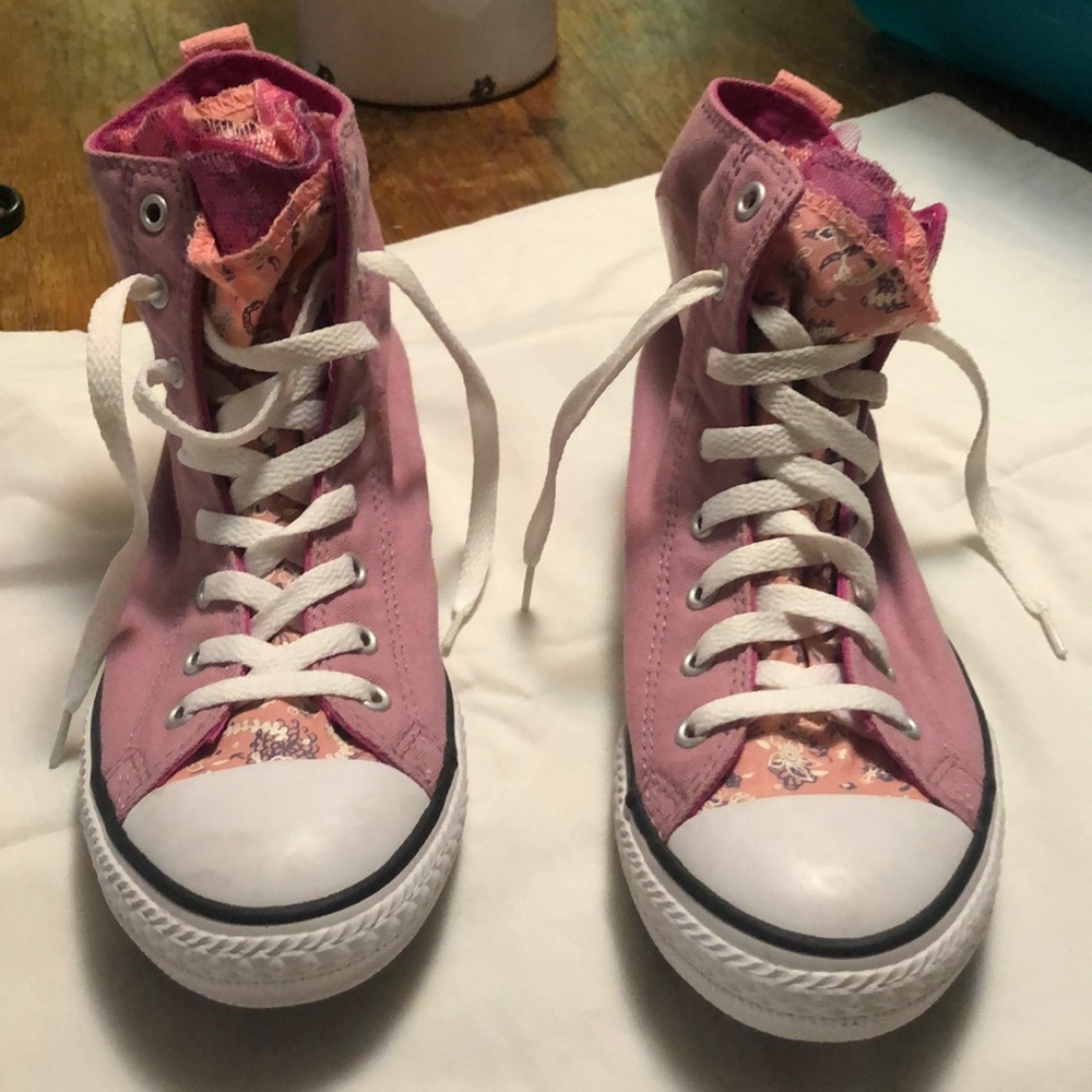 converse high top pink lace sneakers